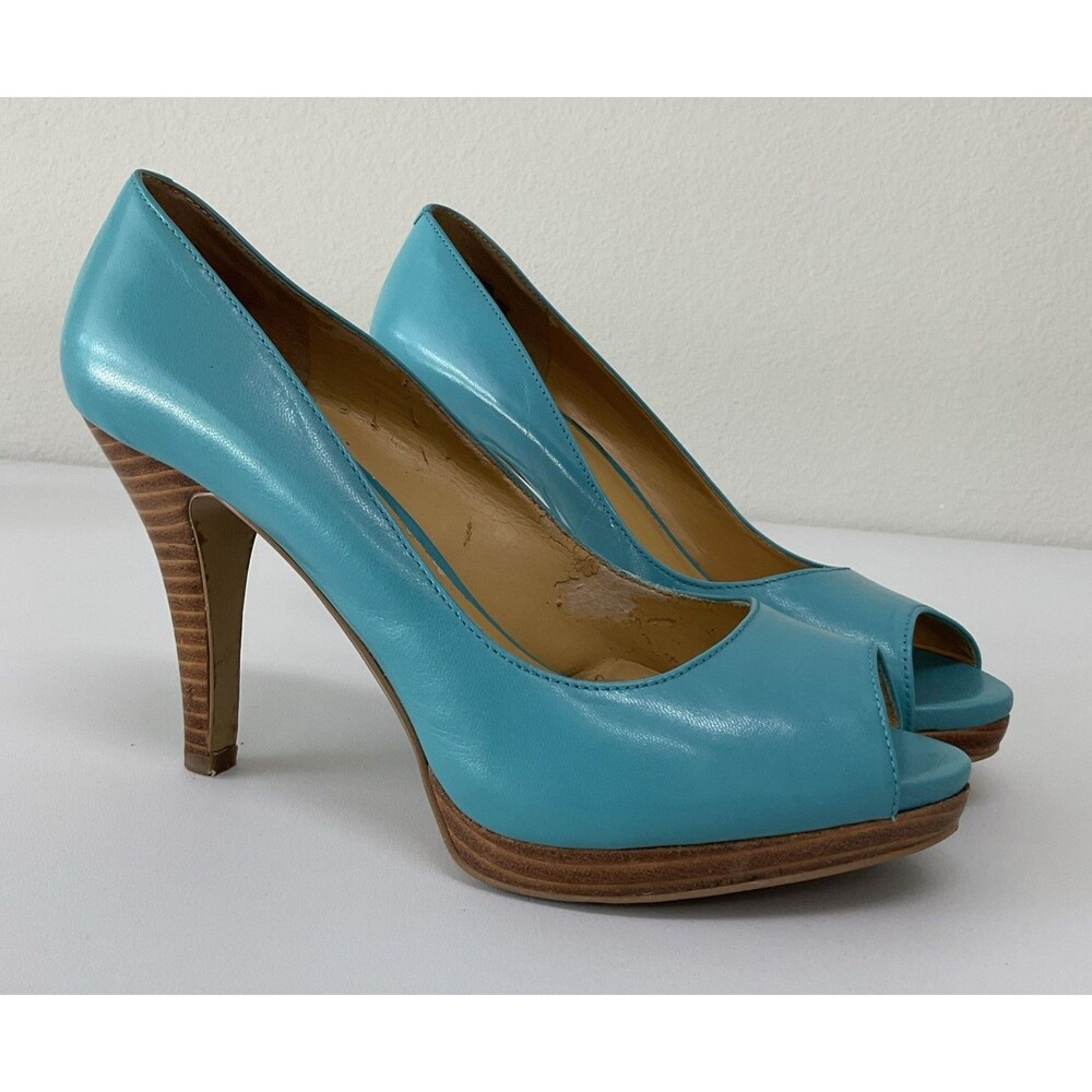 Nine West Danee Peep Toe Teal Platform Pump Leather US 7.5 M Pin Up Stiletto